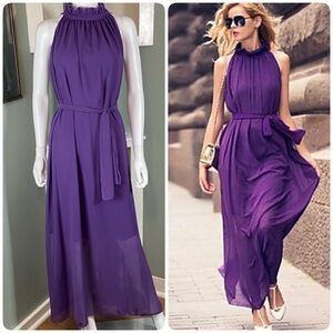 Sheer Chiifon Purple Halter Maxi Dress Medium M